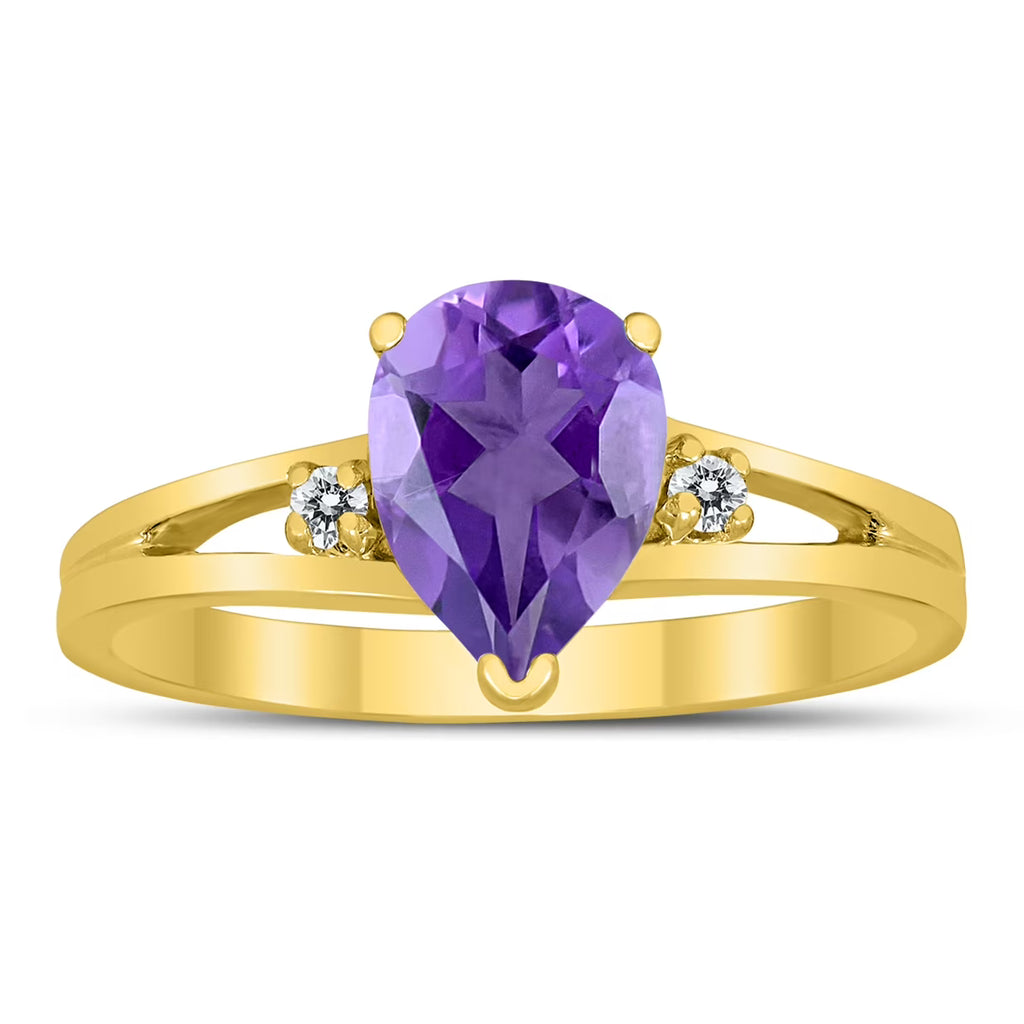 Amethyst and Diamond Pear Shaped Open Three Stone Ring in 10K Yellow Gold O206277