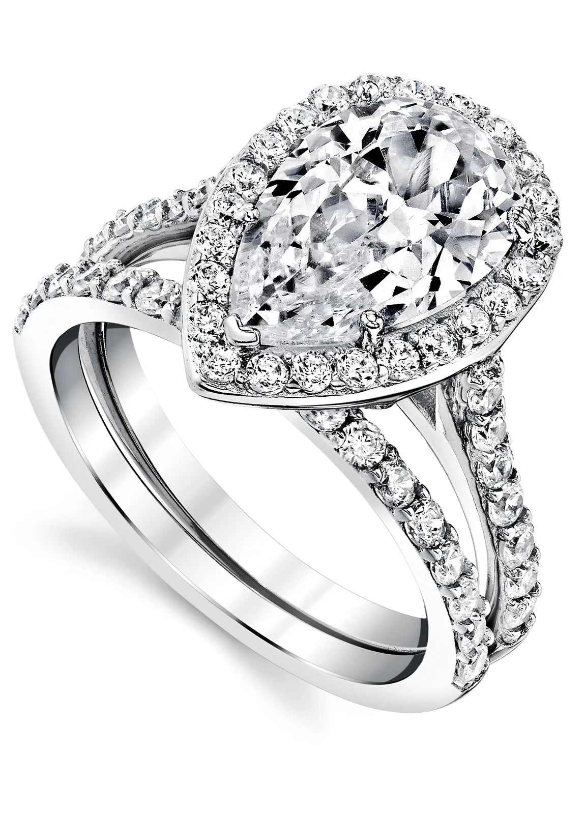 3CT Teardrop Pear Shape Solitaire AAA CZ Engagement Ring Bridal Set in 2 piece Sterling Silver 925 R32435
