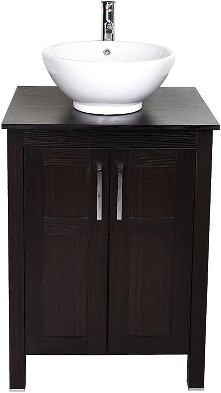 Dark Coffee 24 Inches Single Bathroom Vanity with 2-Door Cabinet and Tempered Glass Sink Top Y9583