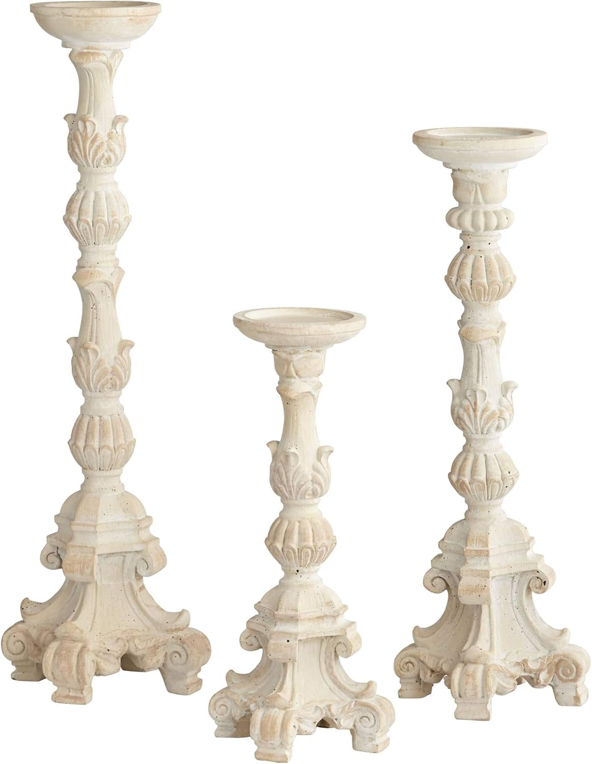 Whitewashed Carved Pillar Candle Holders Set of 3 B13682