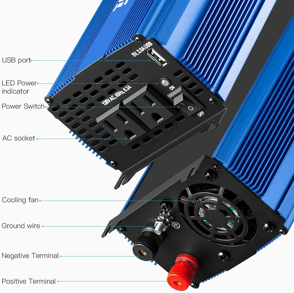 2000W Pure Sine Wave Power Inverter 12V DC to 110V AC with 3 AC Outlets & 1 USB Port Z7054