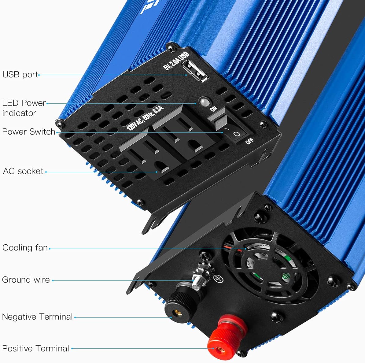 2000W Pure Sine Wave Power Inverter 12V DC to 110V AC with 3 AC Outlets & 1 USB Port Z7054