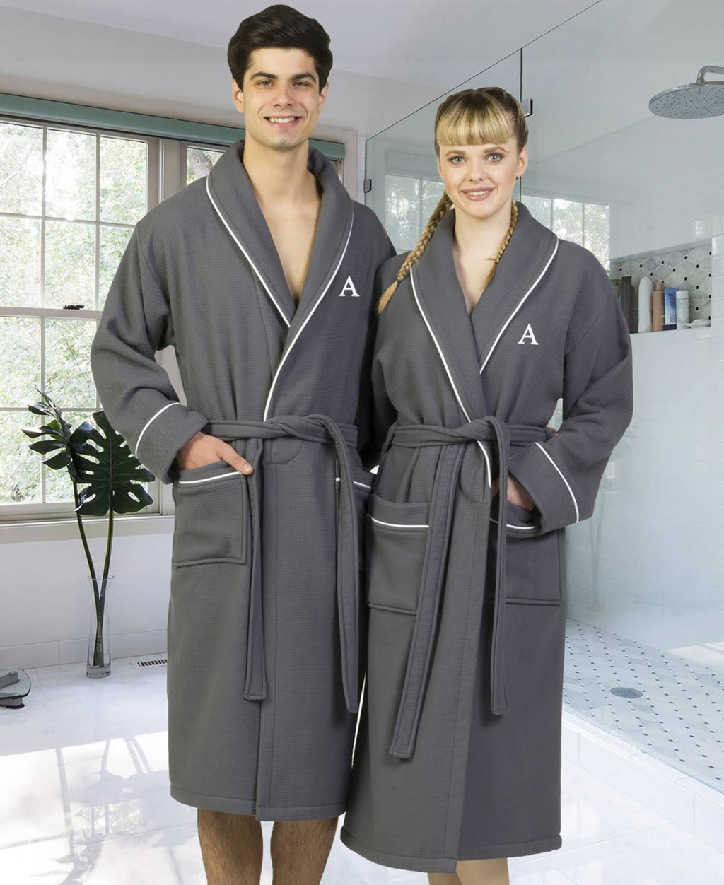 Dark Gray Turkish Cotton Waffle Terry Bathrobe D63977