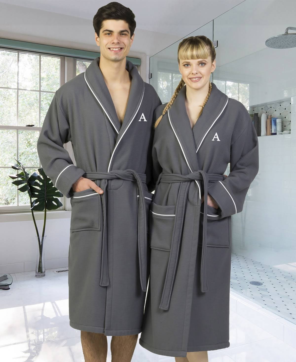 Dark Gray Turkish Cotton Waffle Terry Bathrobe D63977