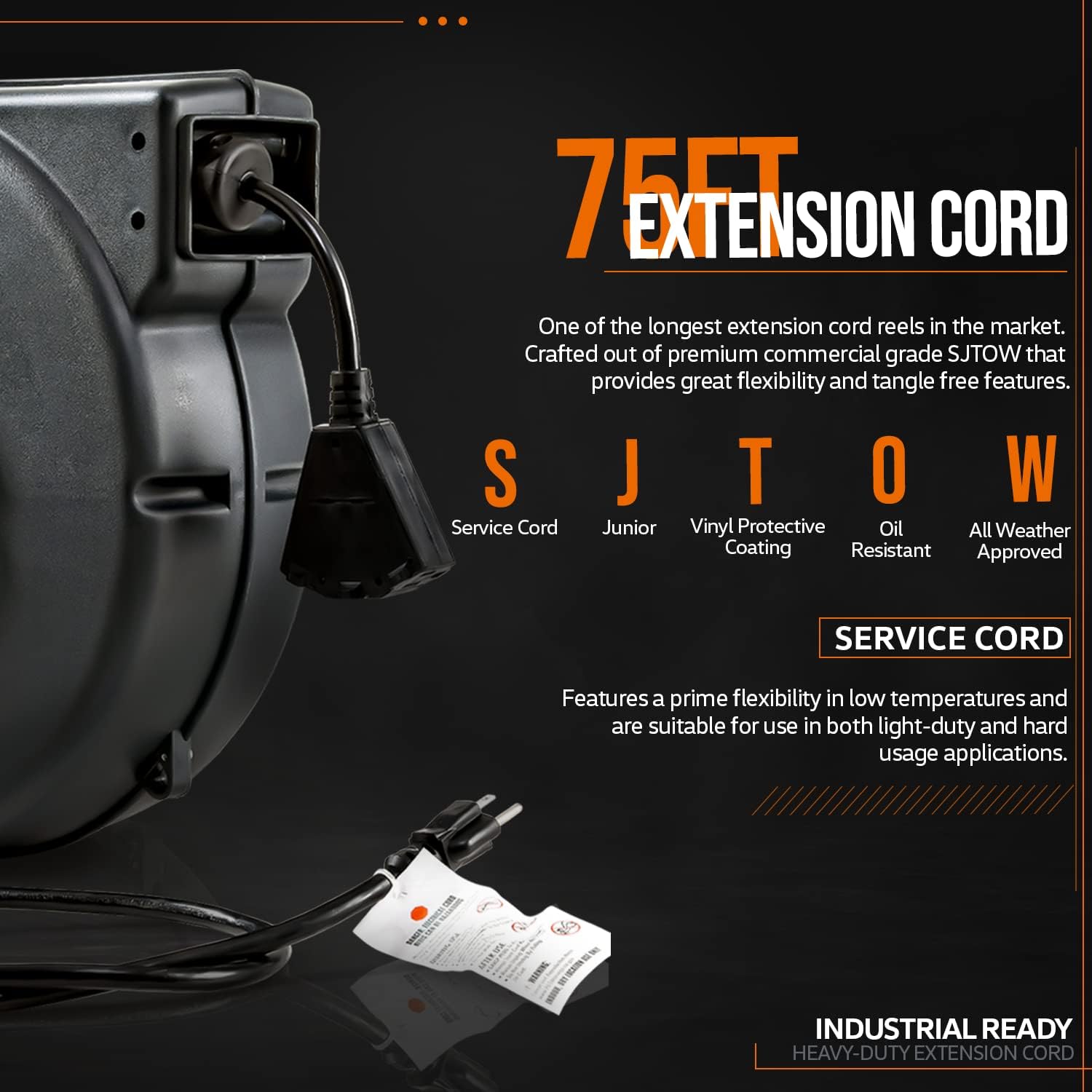 Extension Cord Reel Retractable 12AWG x 75' Feet Cable with Triple Tap Connector E997370