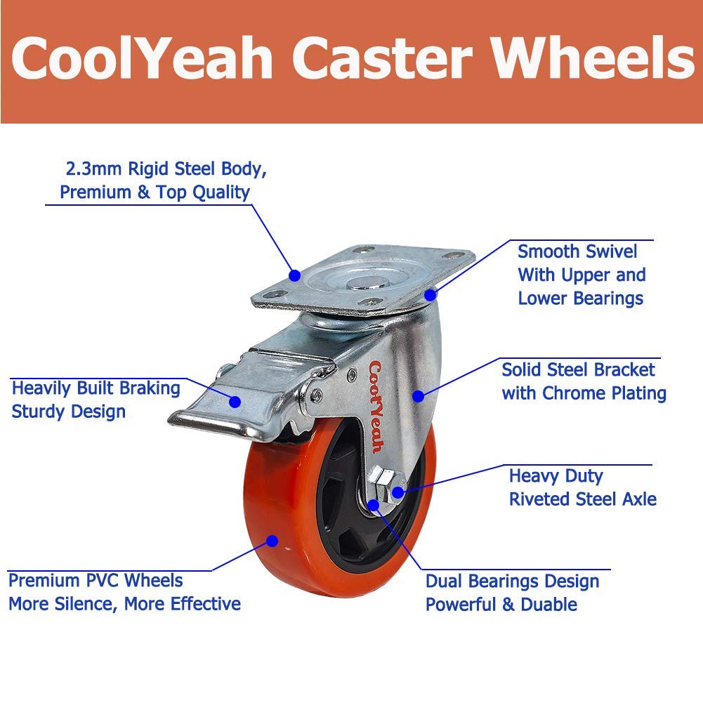 4 inch Swivel Plate PVC Caster Wheels, Heavy Duty Locking Casters (Pack of 8, 4 with Brake & 4 Without) B942589