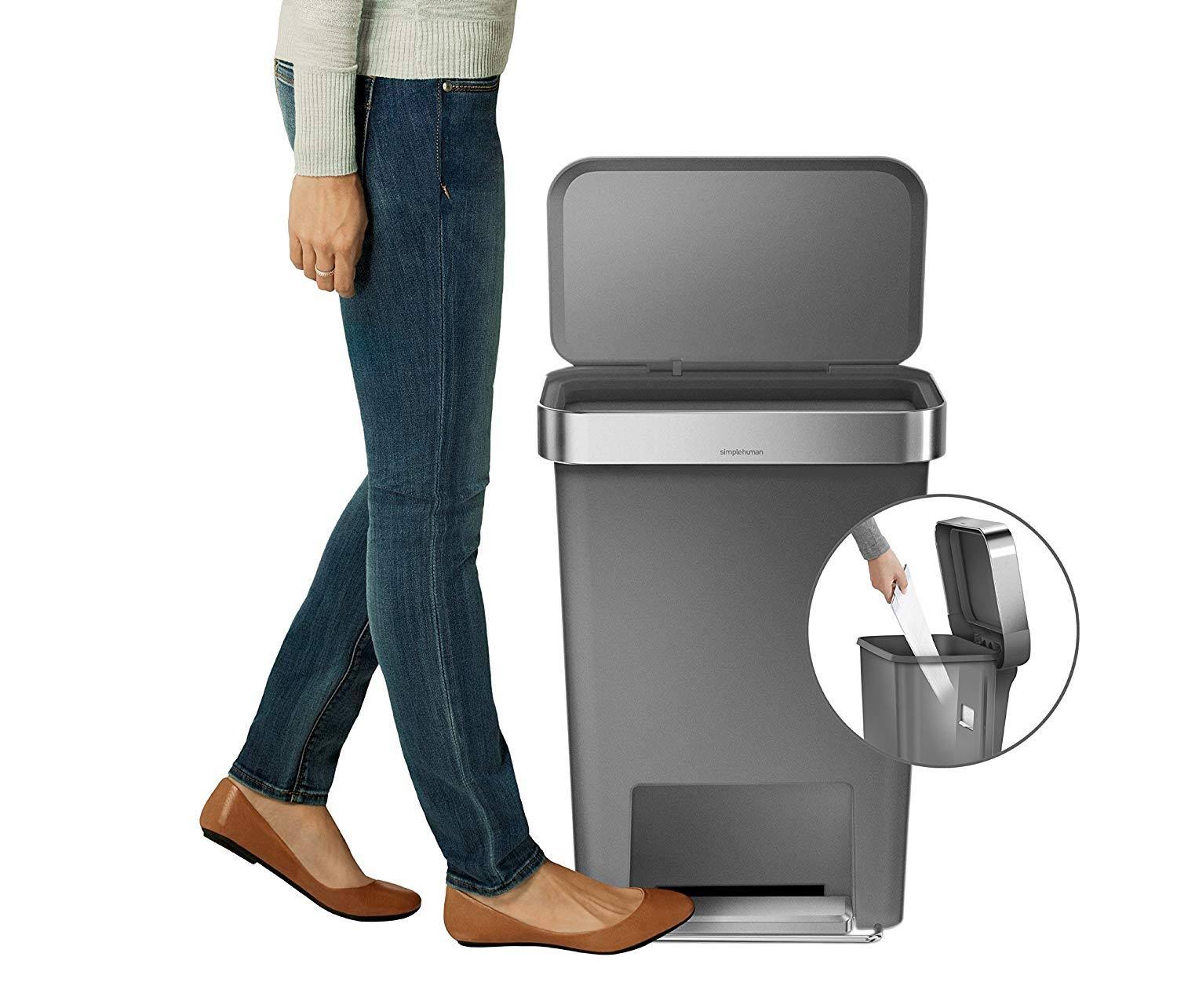 Gray 11.9 Gal Rectangular Plastic Steel Trash Can with Flip Lid and Foot Pedal M7432