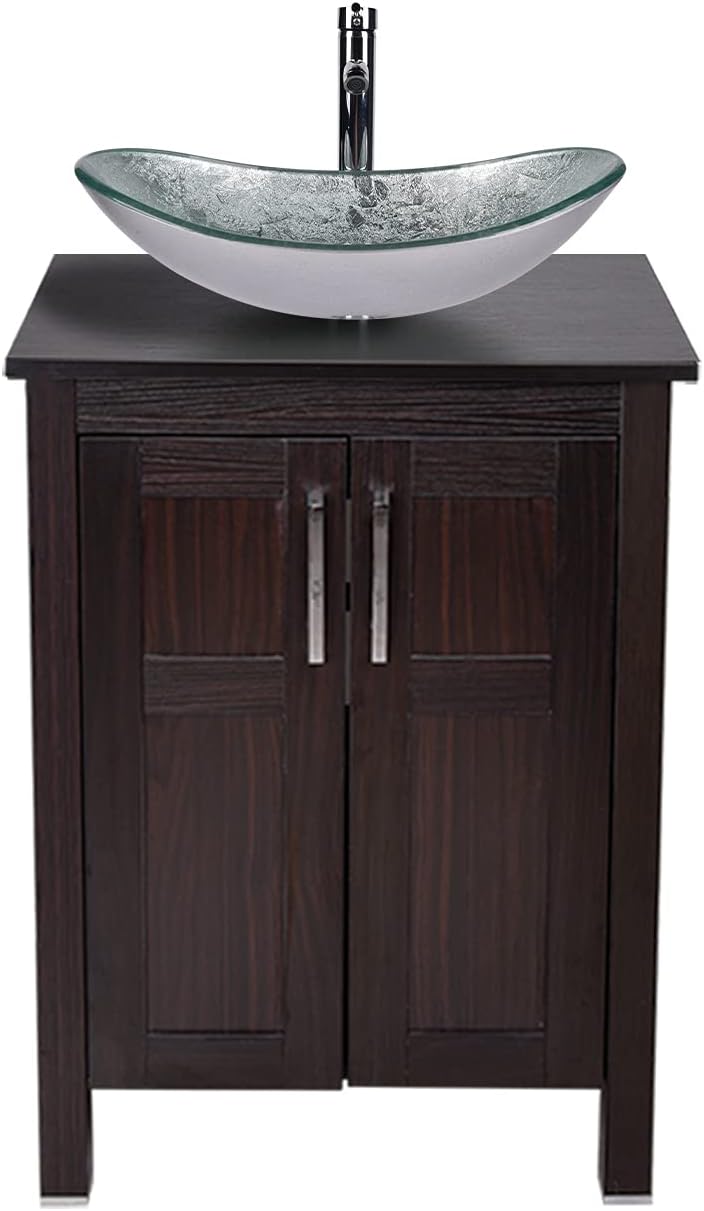 Dark Coffee 24 Inches Single Bathroom Vanity with 2-Door Cabinet and Tempered Glass Sink Top Y9583