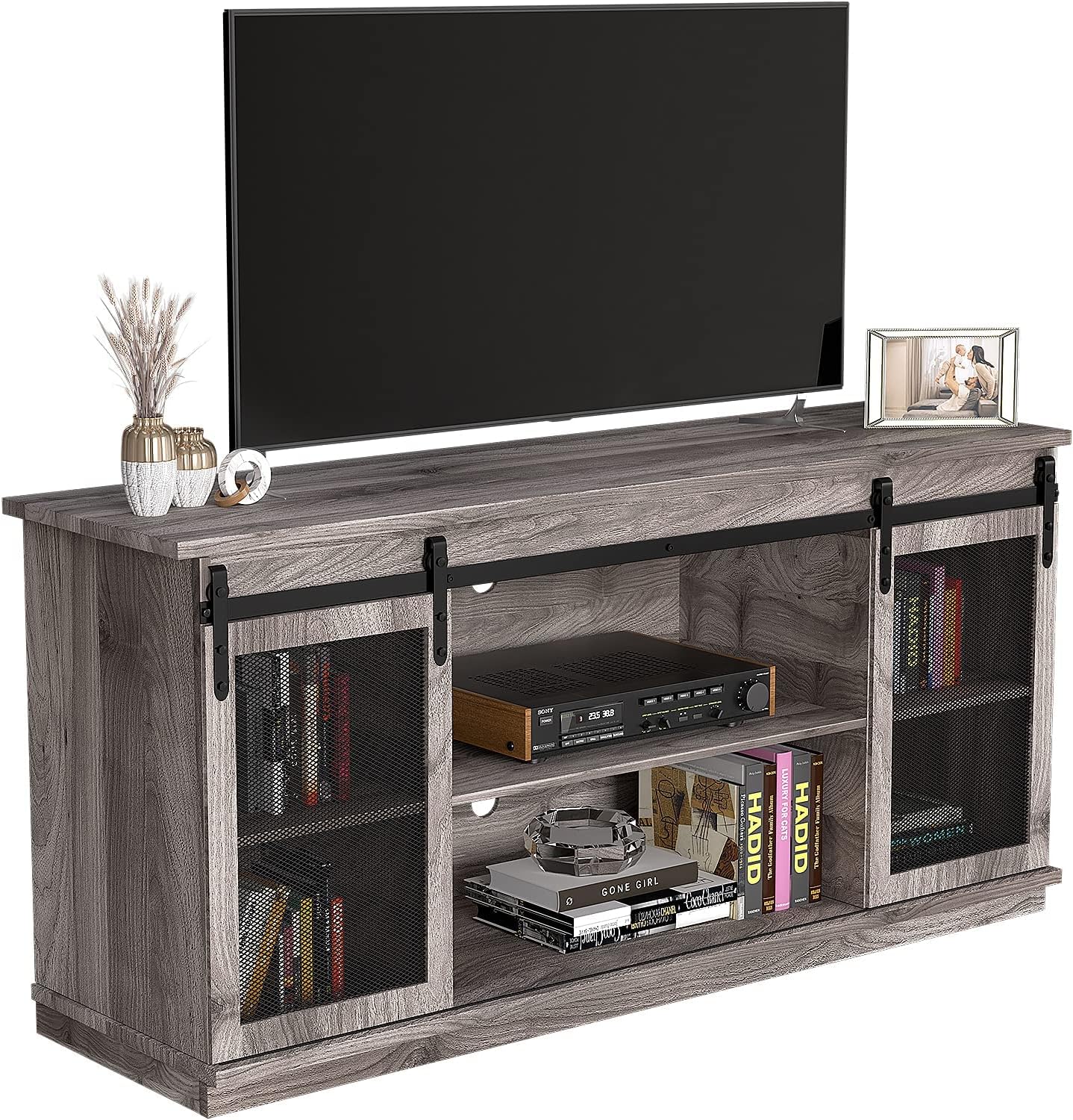 Farmhouse TV Stand with Sliding Barn Doors and Storage Cabinets (Brown) U120