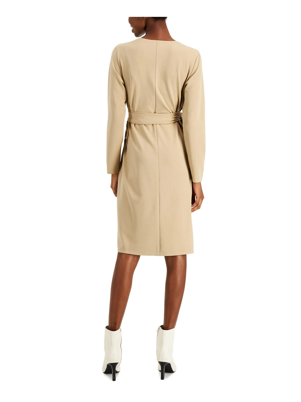 Brown Belted Long Sleeve Surplice Neckline Wrap Dress Petites R98288