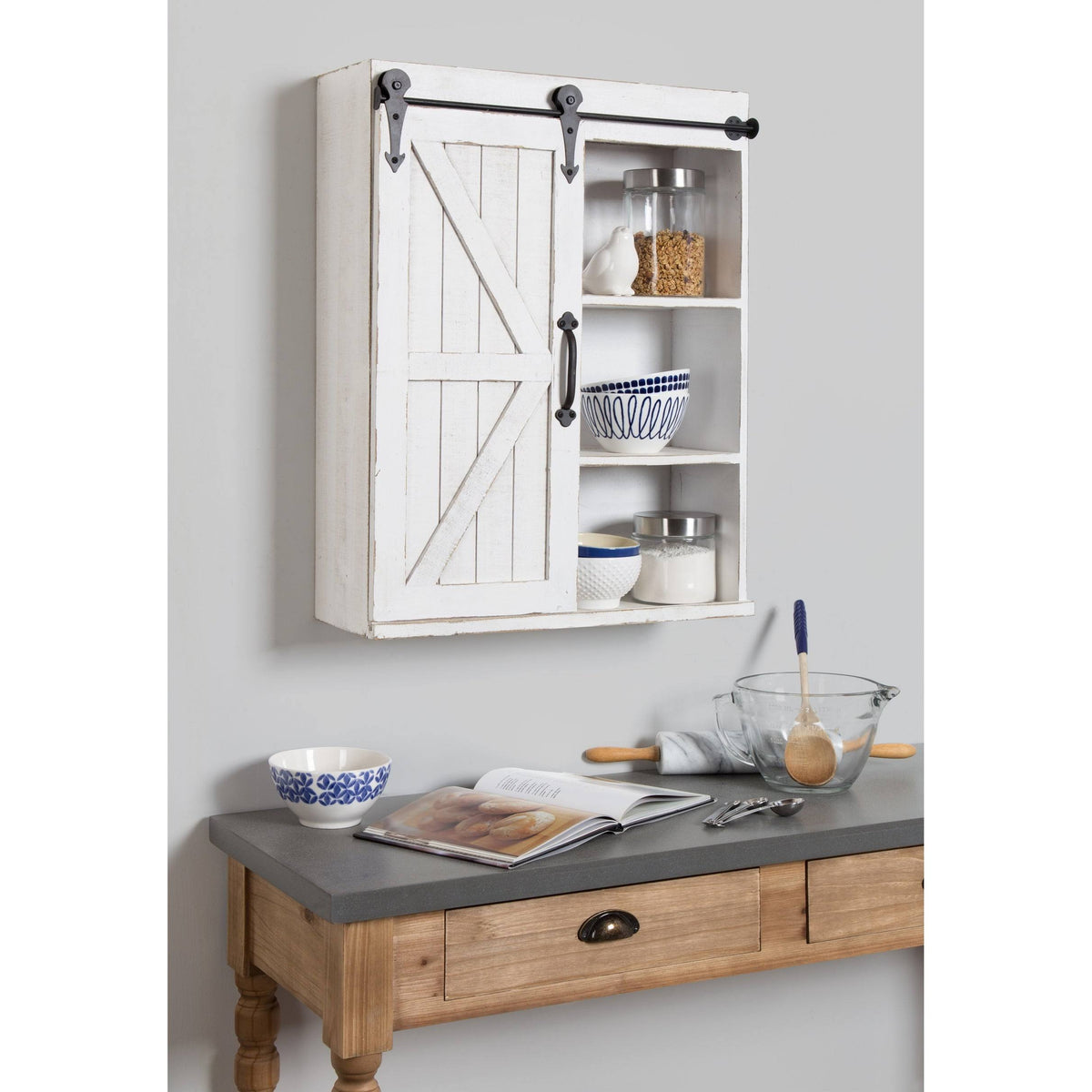 Rustic Brown Black Wood Wall Storage Cabinet with Sliding Barn Door O4626