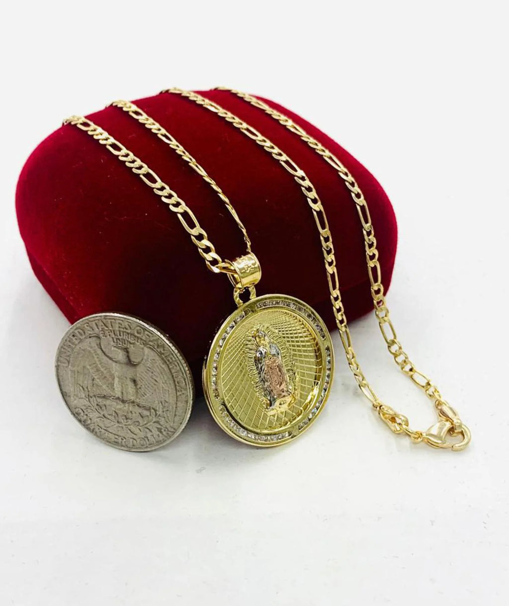 14K Gold Filled Tri Color Virgen de Guadalupe Necklace Figaro Chain N2030