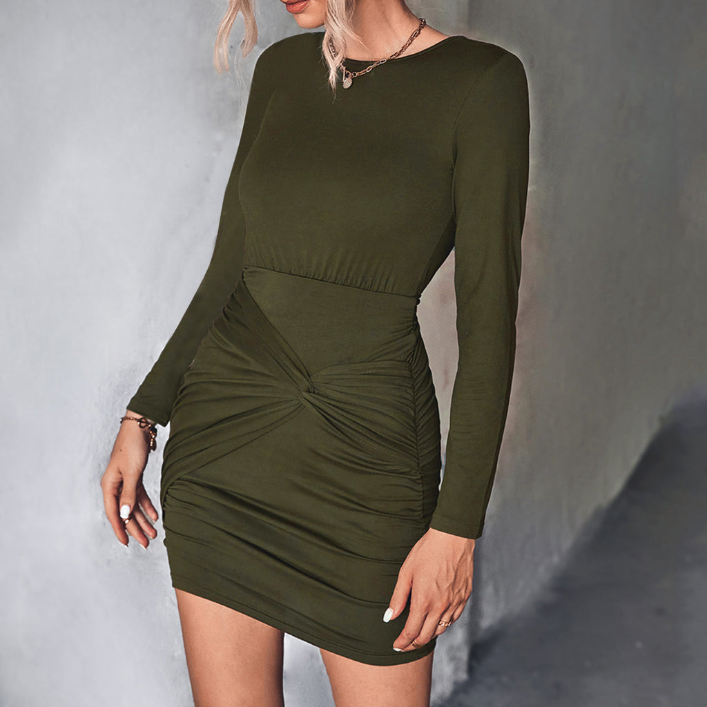 Solid Color Crew Neck Midi Dress J7566