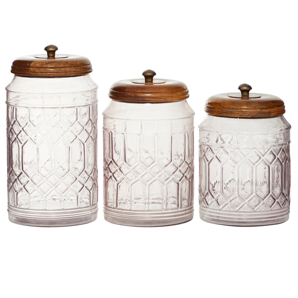 3-Pieces Clear Glass Decorative Jars with Wood Lids F4806