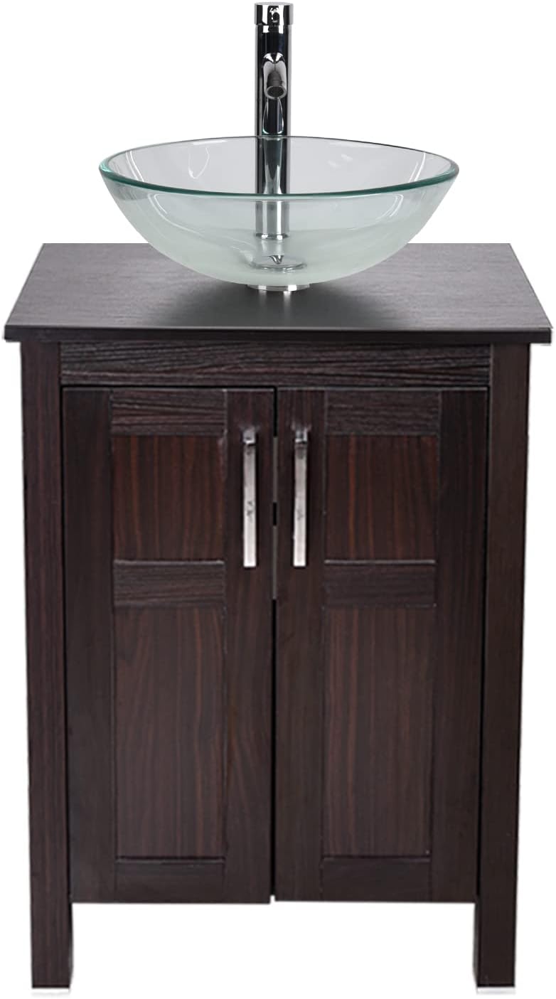 Dark Coffee 24 Inches Single Bathroom Vanity with 2-Door Cabinet and Tempered Glass Sink Top Y9583