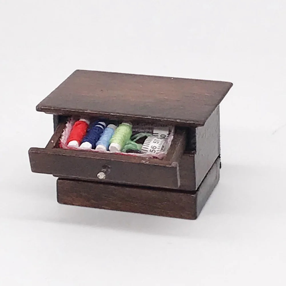 Miniature Chinese Wooden Sewing Kit Box Doll House Accessory Q19991