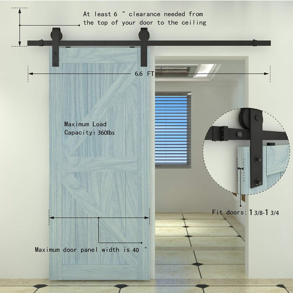 6.6ft Sliding Barn Door Hardware Kit, Carbon Steel, Fit 36"-40" Wide Door Panel, Pack of 2 A169