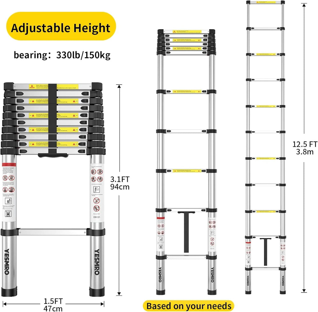 Telescoping Ladder 12.5ft Aluminum Heavy Duty 330lbs Non-Slip X13085