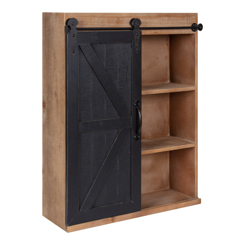 Rustic Brown Black Wood Wall Storage Cabinet with Sliding Barn Door O4626