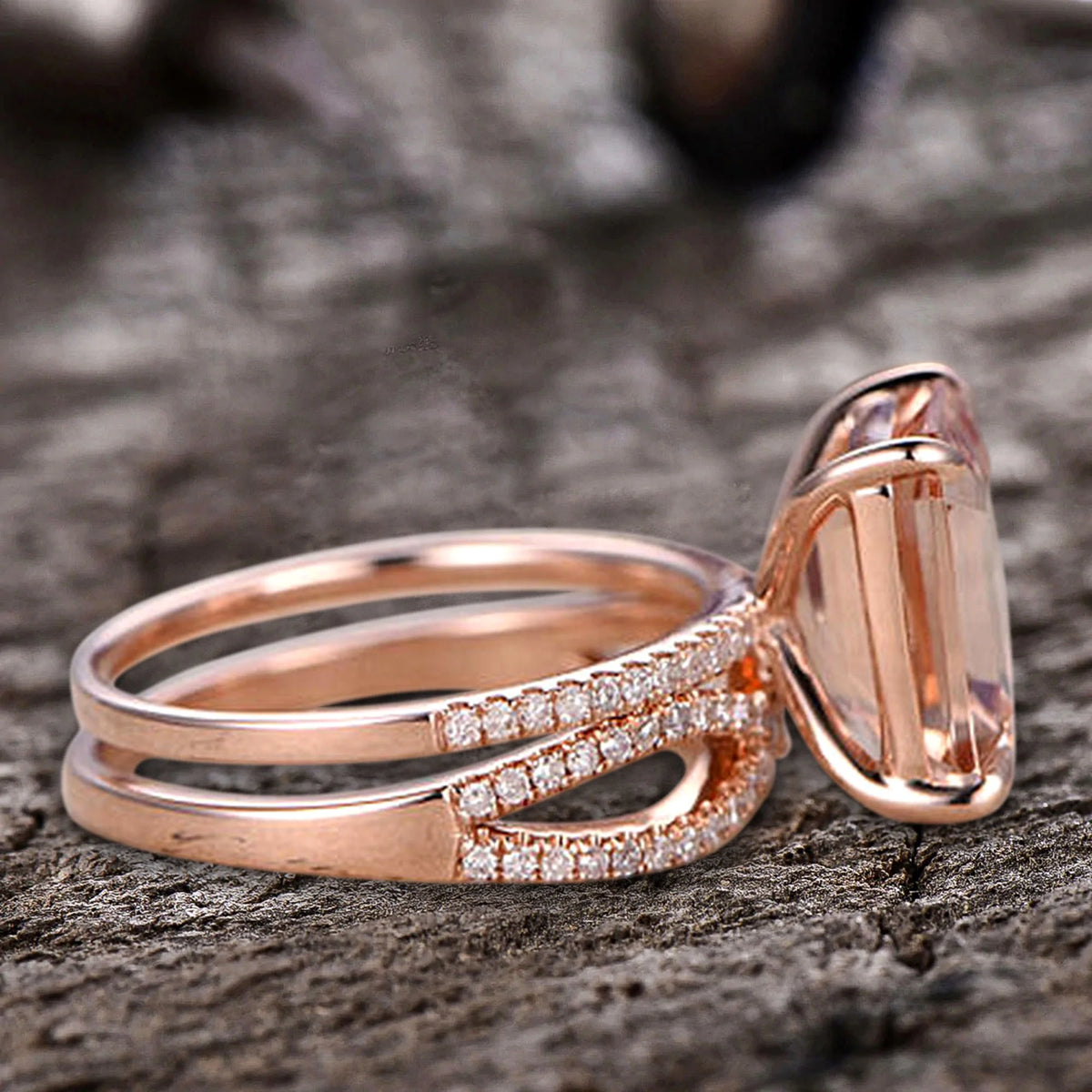 Emerald Cut Morganite Engagement Ring with Diamond Accents P8041