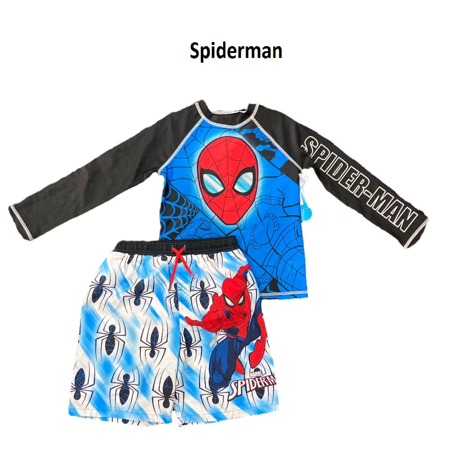 Blue Spiderman 2-Piece Long Sleeve Rash Guard & Swim Short Set C328