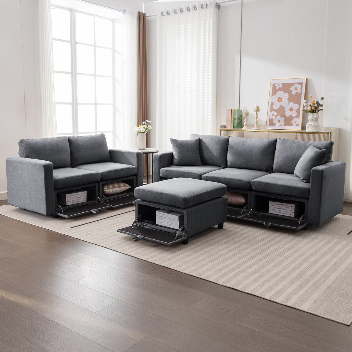 3-Seater Sofa, Loveseat and 1 Ottoman Dark Grey J959785