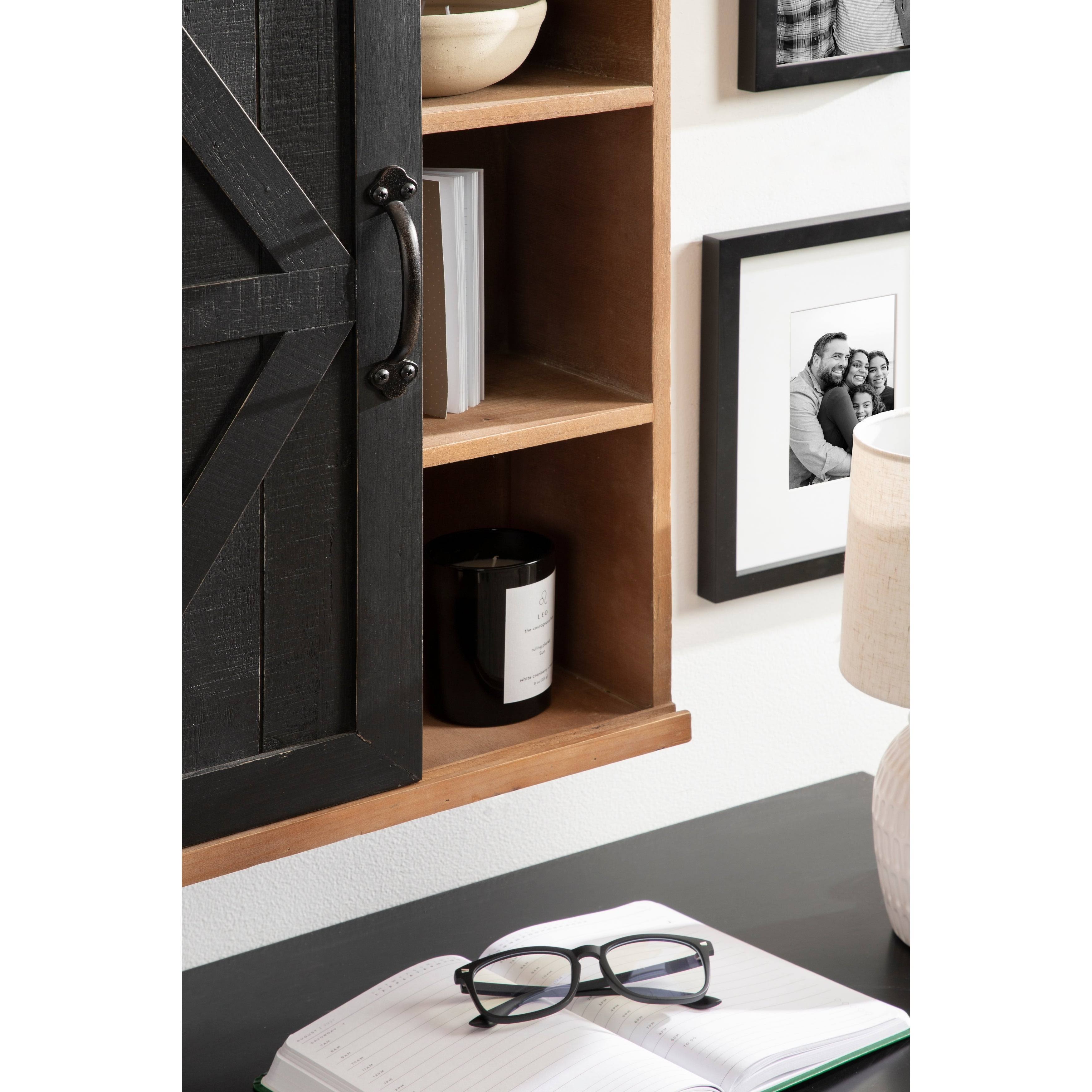 Rustic Brown Black Wood Wall Storage Cabinet with Sliding Barn Door O4626