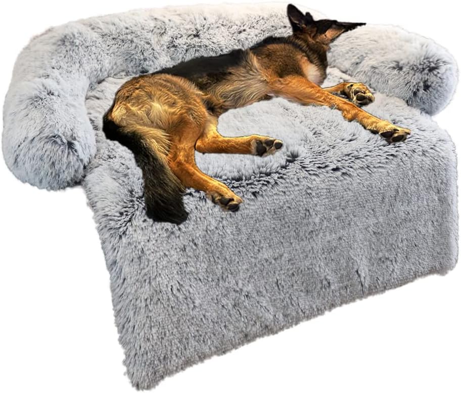 Fluffy Plush Dog Bed with Removable Washable Cover, Light Grey, Small, Pack of 2 B87410