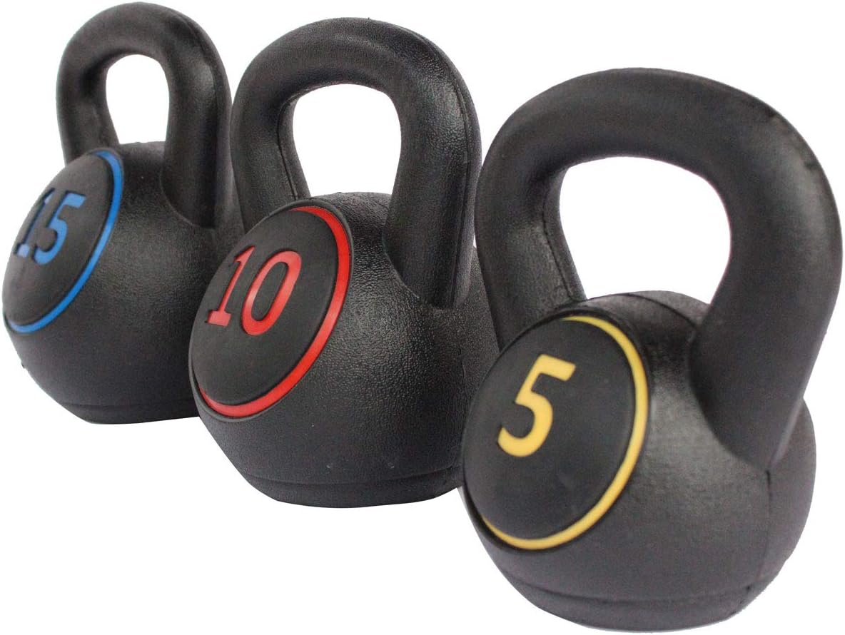 3-Piece Kettlebell Weight Set with 5lb, 10lb, 15lb Weights and Base Rack M5466