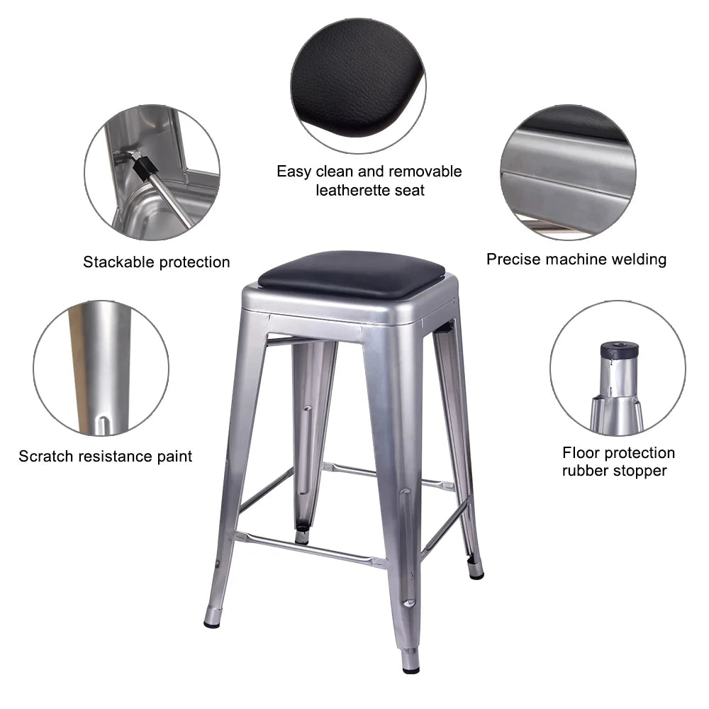 24 Inch Counter Height Backless Metal Stool with Vegan Leather Seat E6740