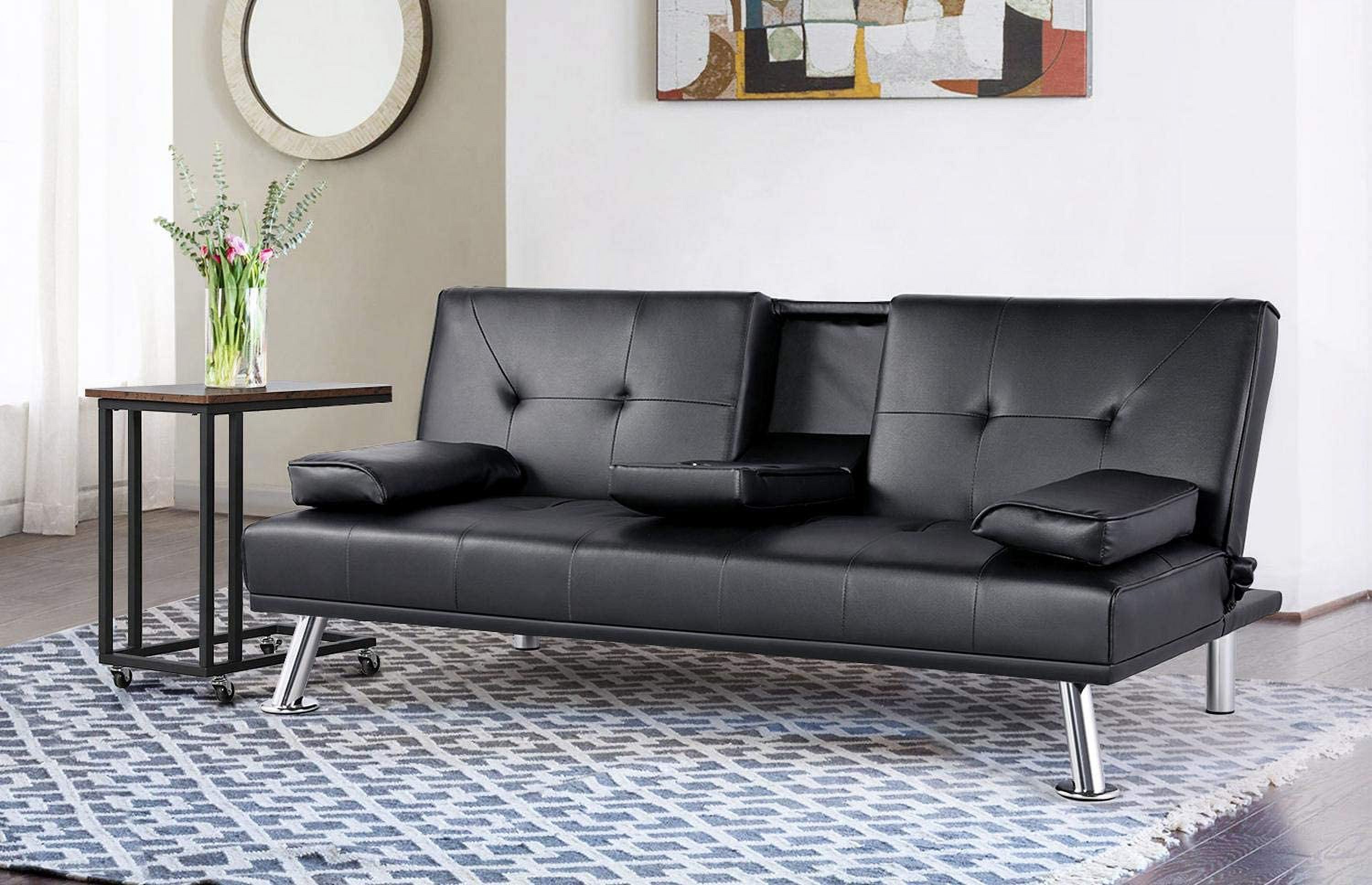 Black Faux Leather Convertible Futon Sofa Bed with Cup Holders T391