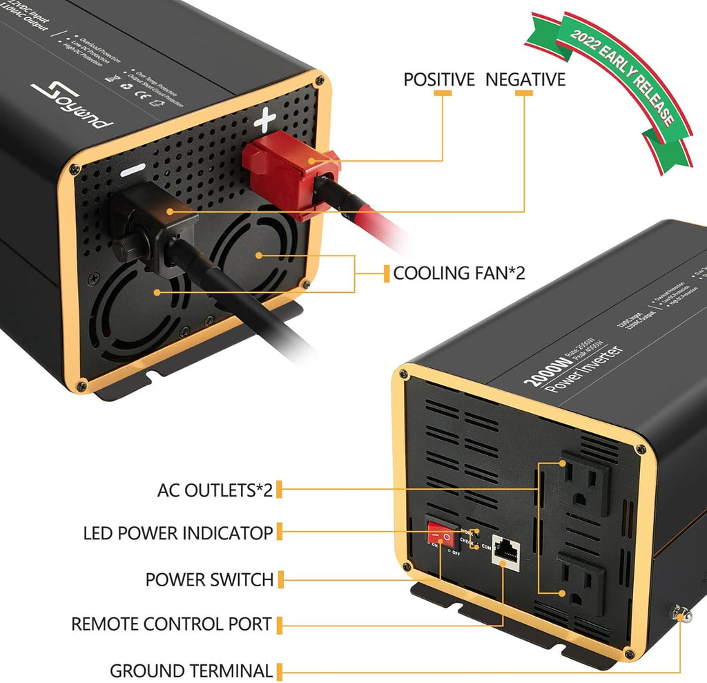 2000 Watt 12V DC to 120V AC Modified Sine Wave Car Inverter with 3 AC Outlets X200219