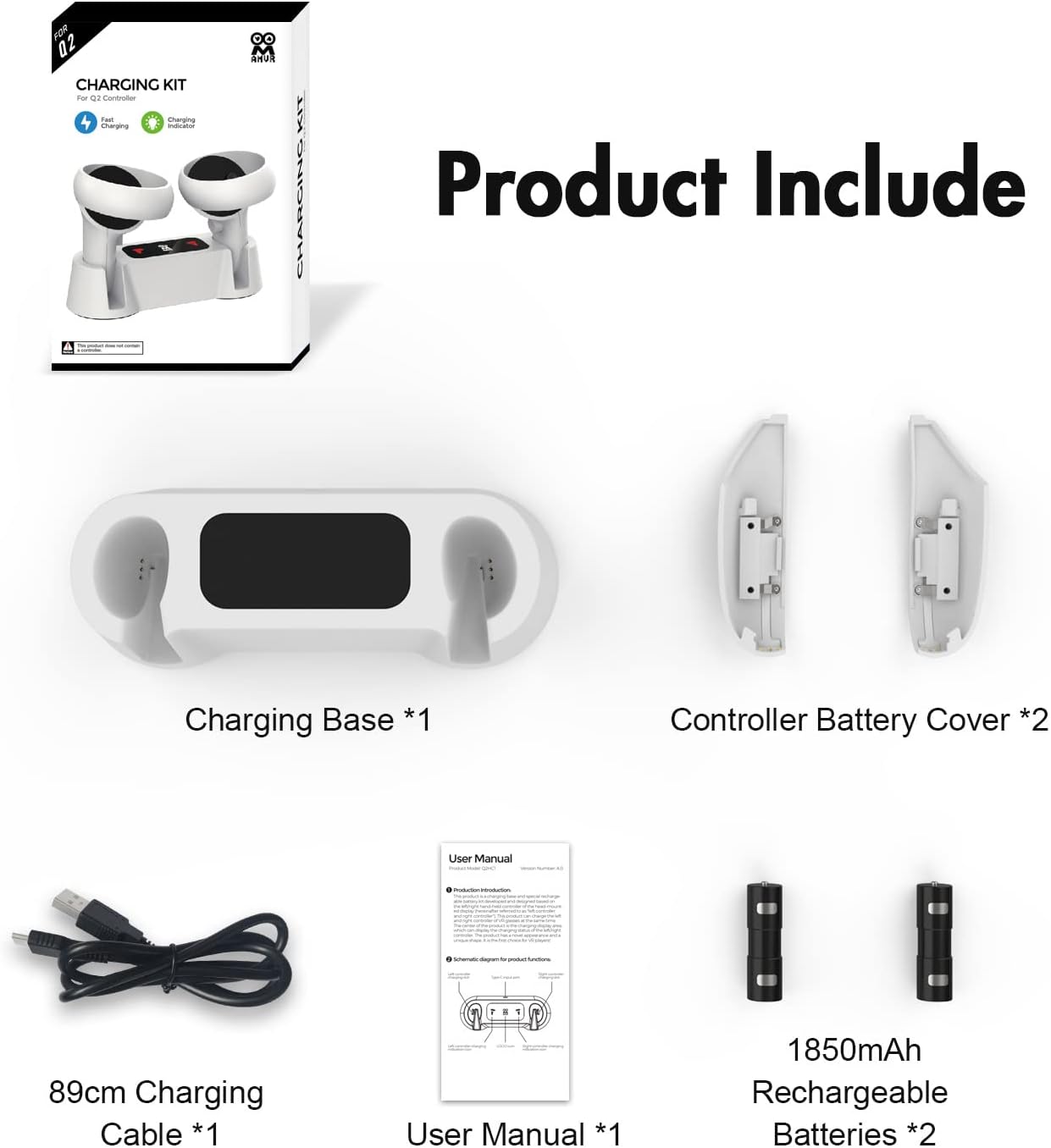 Charging Dock for Oculus Quest 2 Touch Controllers with 2 Rechargeable Batteries and USB-C Cable A77444