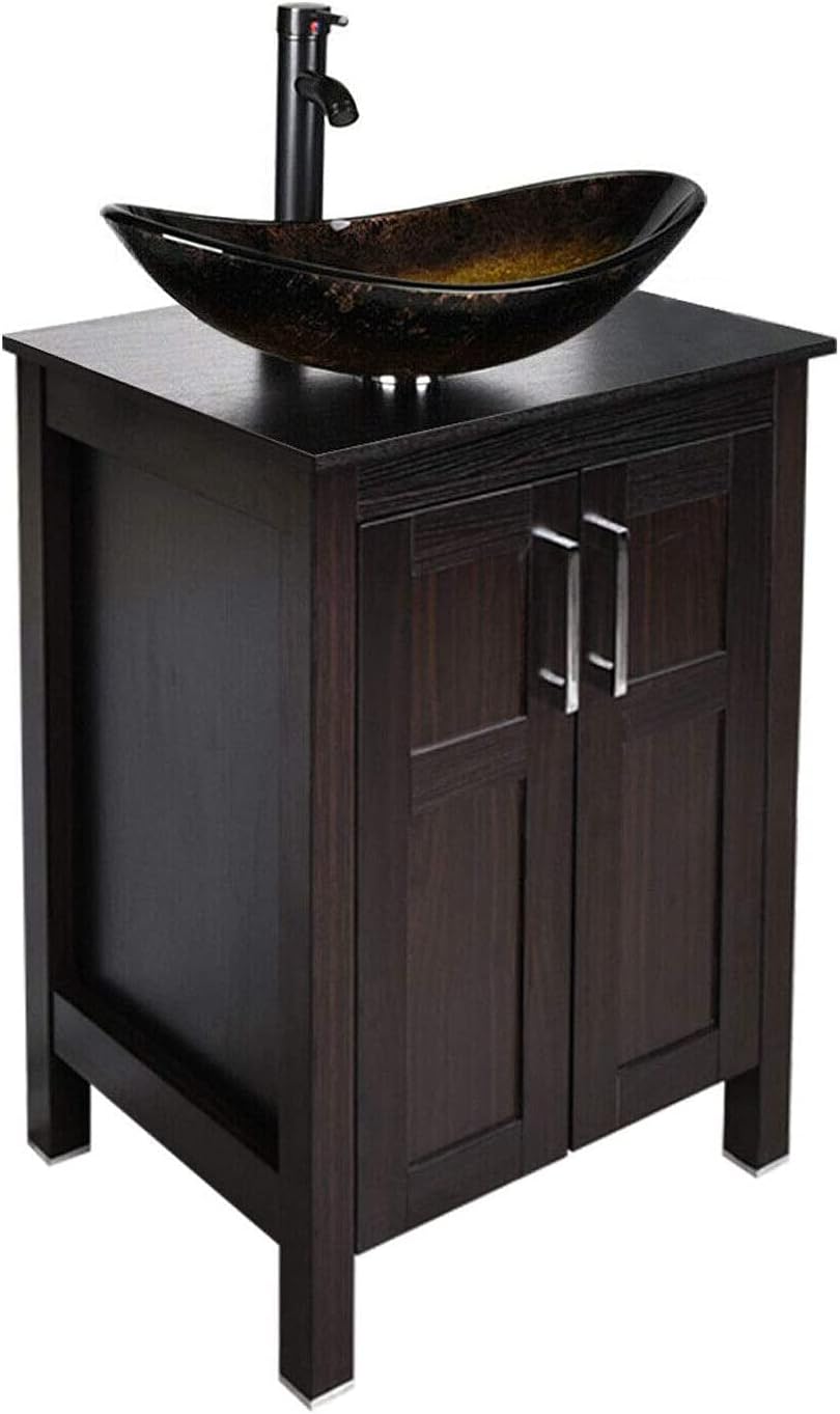 Dark Coffee 24 Inches Single Bathroom Vanity with 2-Door Cabinet and Tempered Glass Sink Top Y9583
