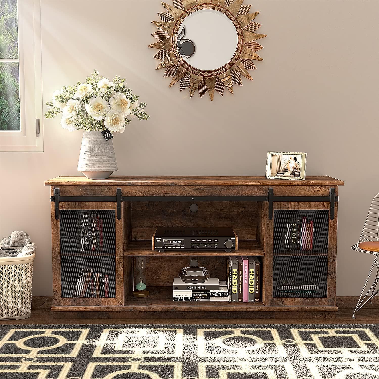 Farmhouse TV Stand with Sliding Barn Doors and Storage Cabinets (Brown) U120