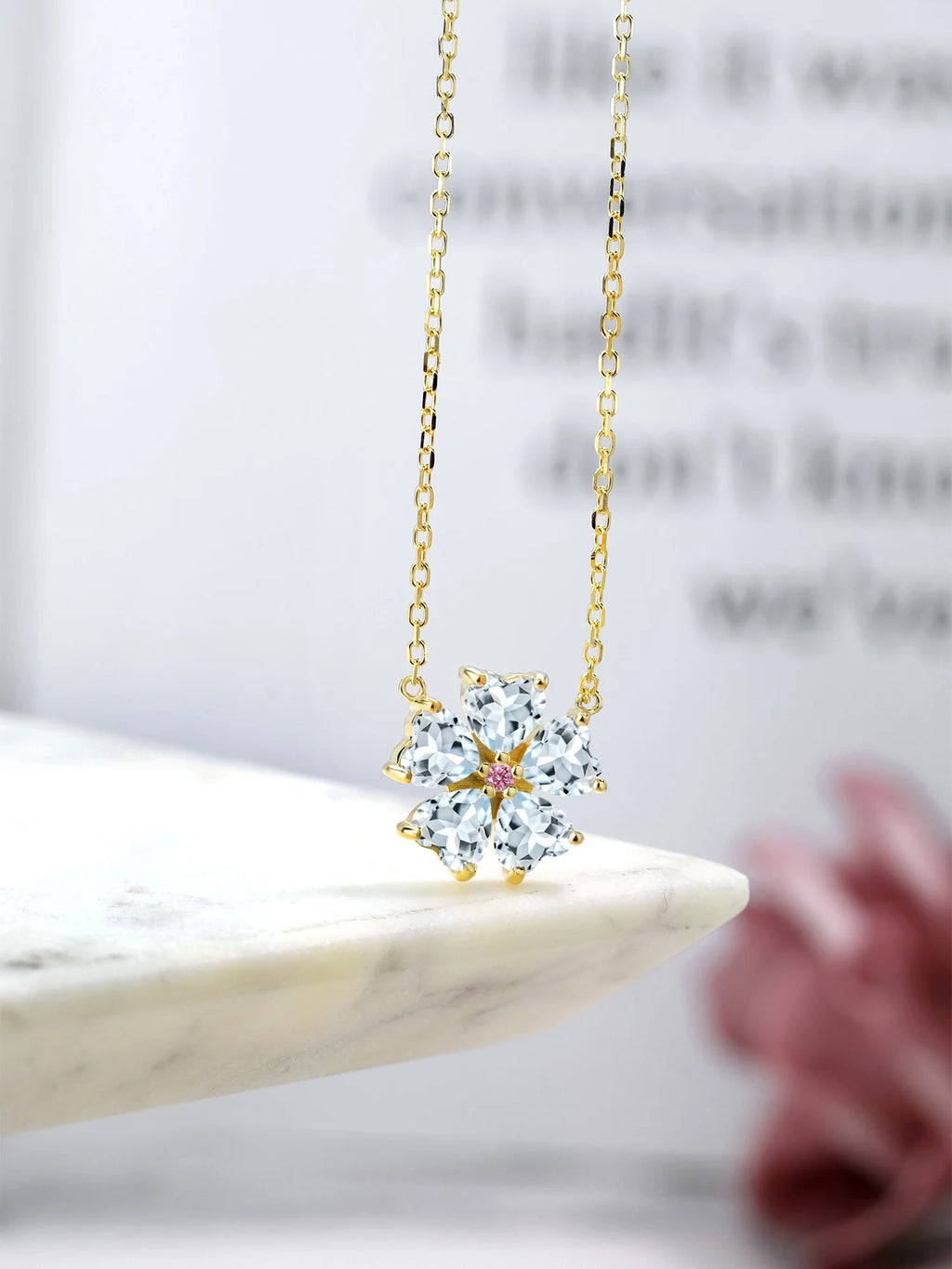 18K Yellow Gold Plated Silver Sky Blue Aquamarine and Pink Lab Grown Diamond Pendant Necklace F7589