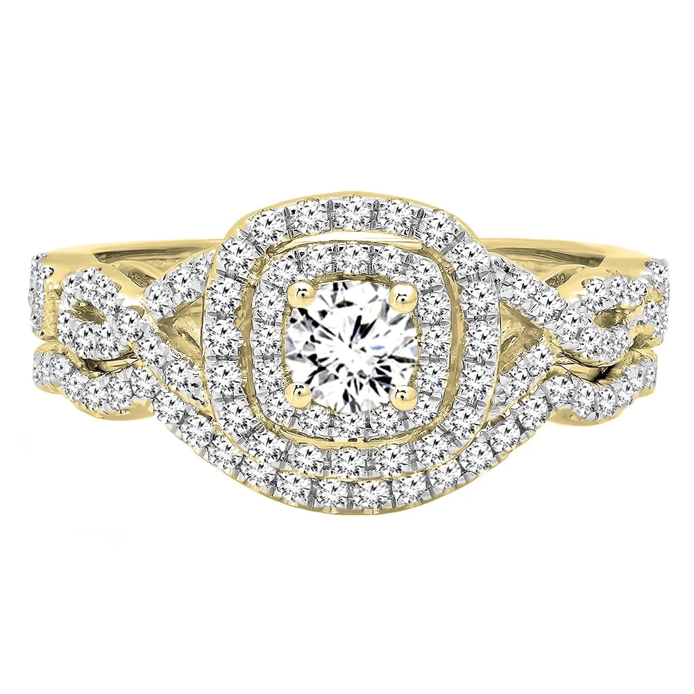 14K Yellow Gold Diamond Halo Engagement Ring Set I852