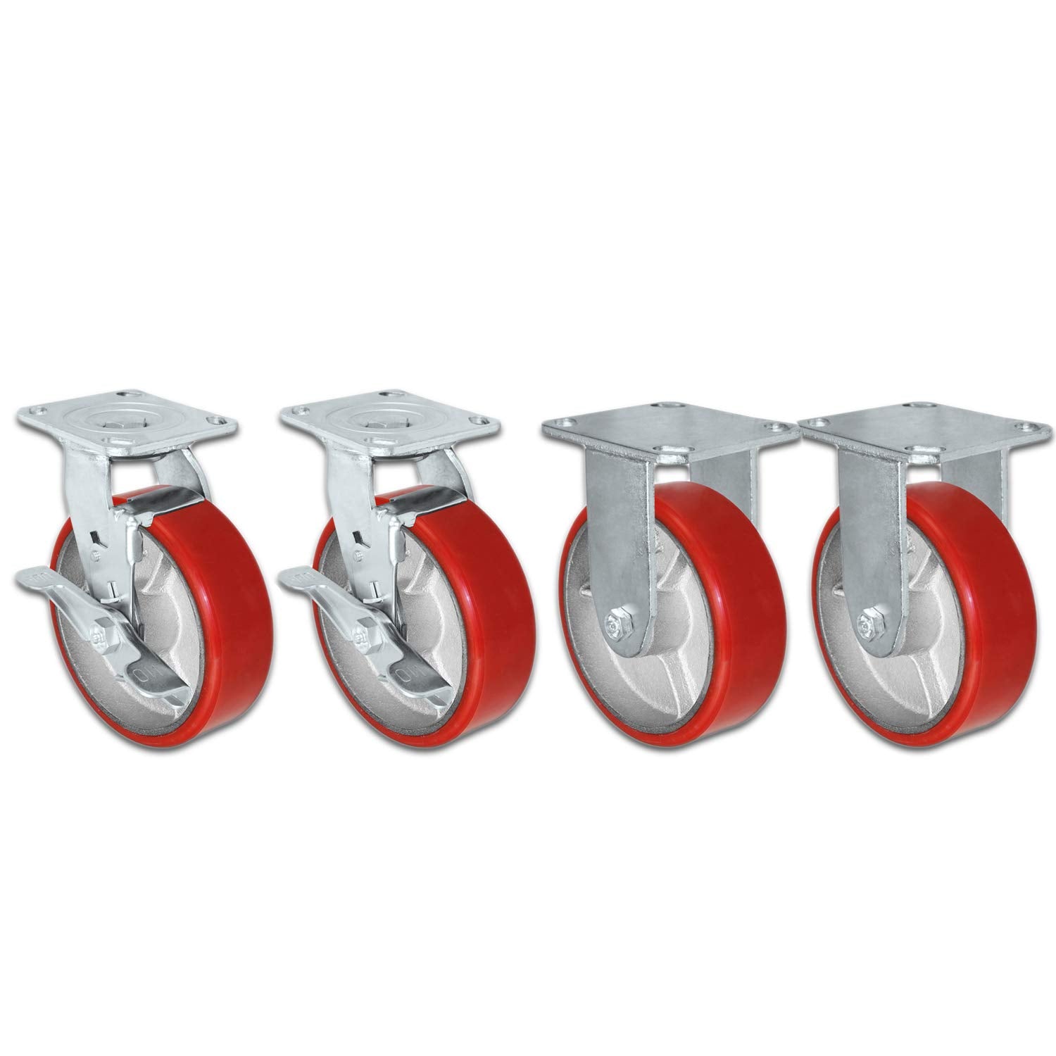 Heavy Duty Red Polyurethane Wheel on Steel Hub with Brakes Set of 4 Tool Box Casters T9577