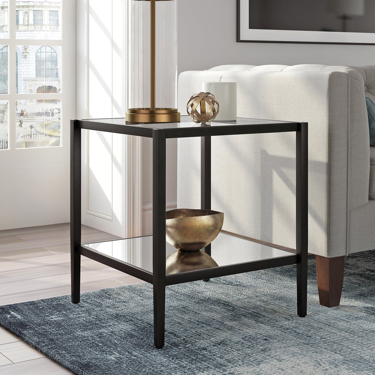 Blackened Bronze 20" Wide Square Side Table with Mirror Shelf C17925