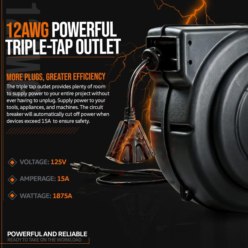 Extension Cord Reel Retractable 12AWG x 75' Feet Cable with Triple Tap Connector E997370