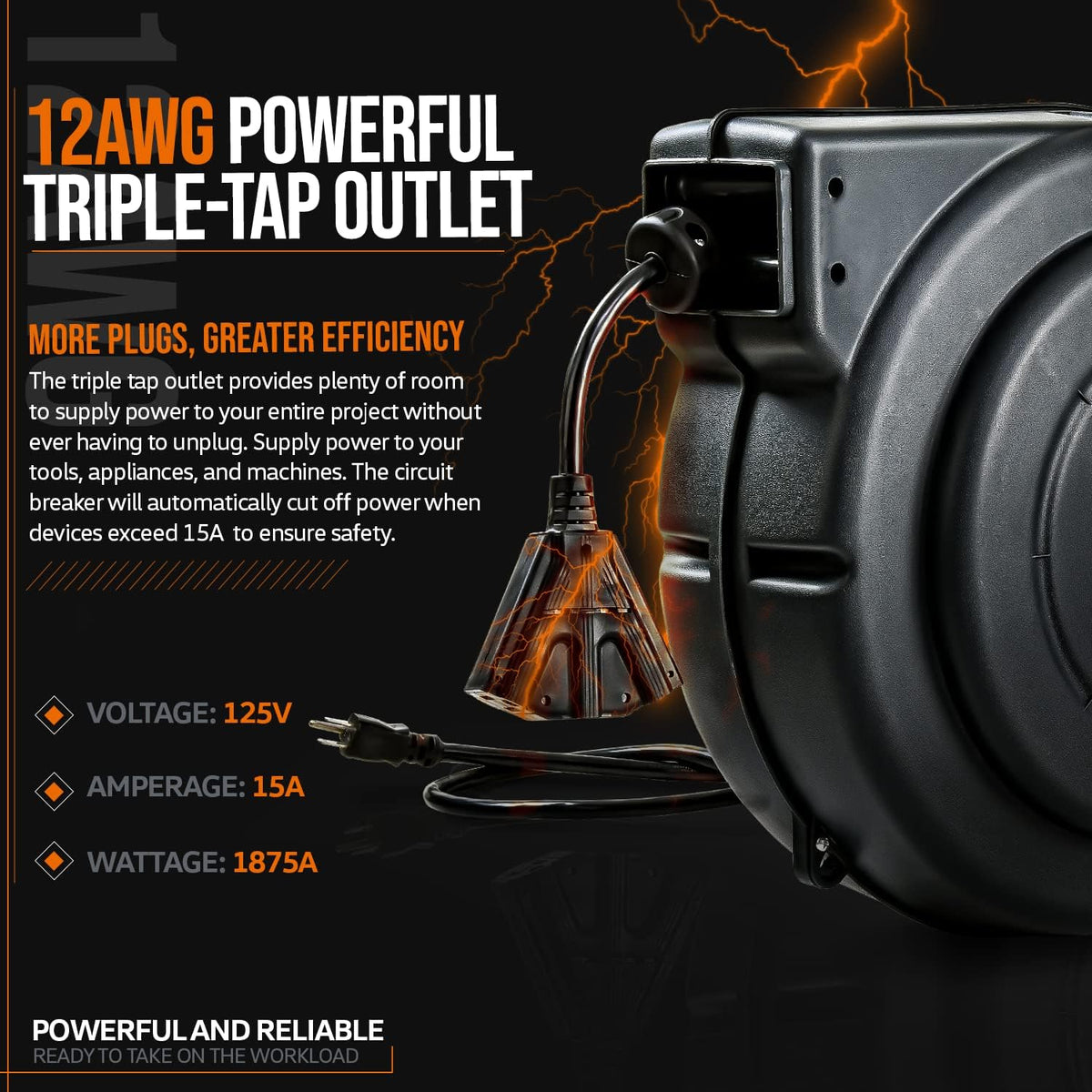 Extension Cord Reel Retractable 12AWG x 75' Feet Cable with Triple Tap Connector E997370
