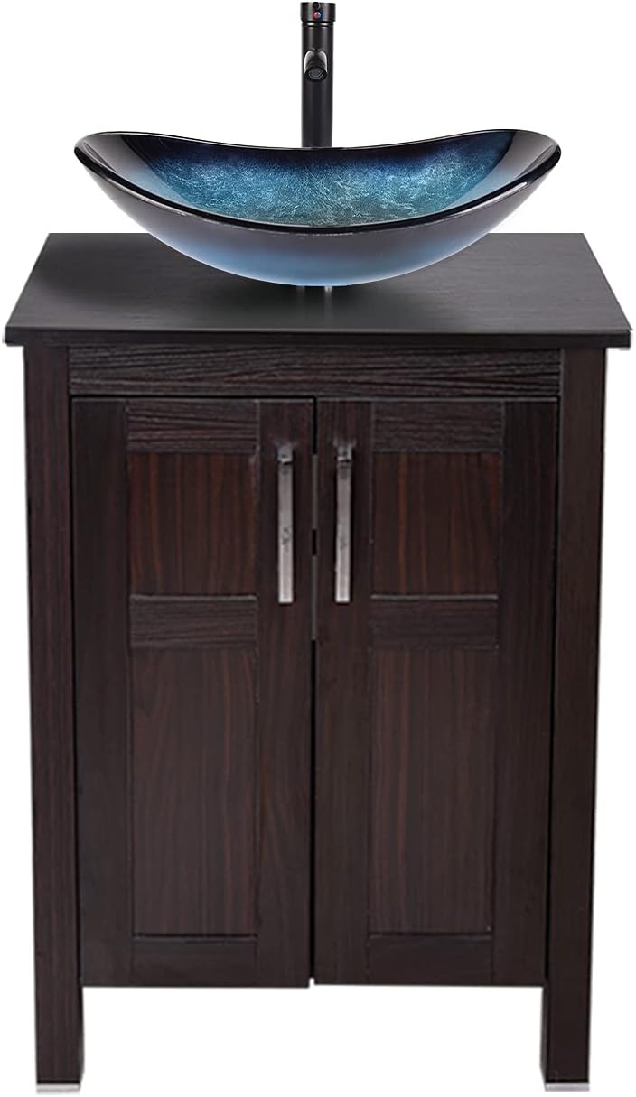 Dark Coffee 24 Inches Single Bathroom Vanity with 2-Door Cabinet and Tempered Glass Sink Top Y9583