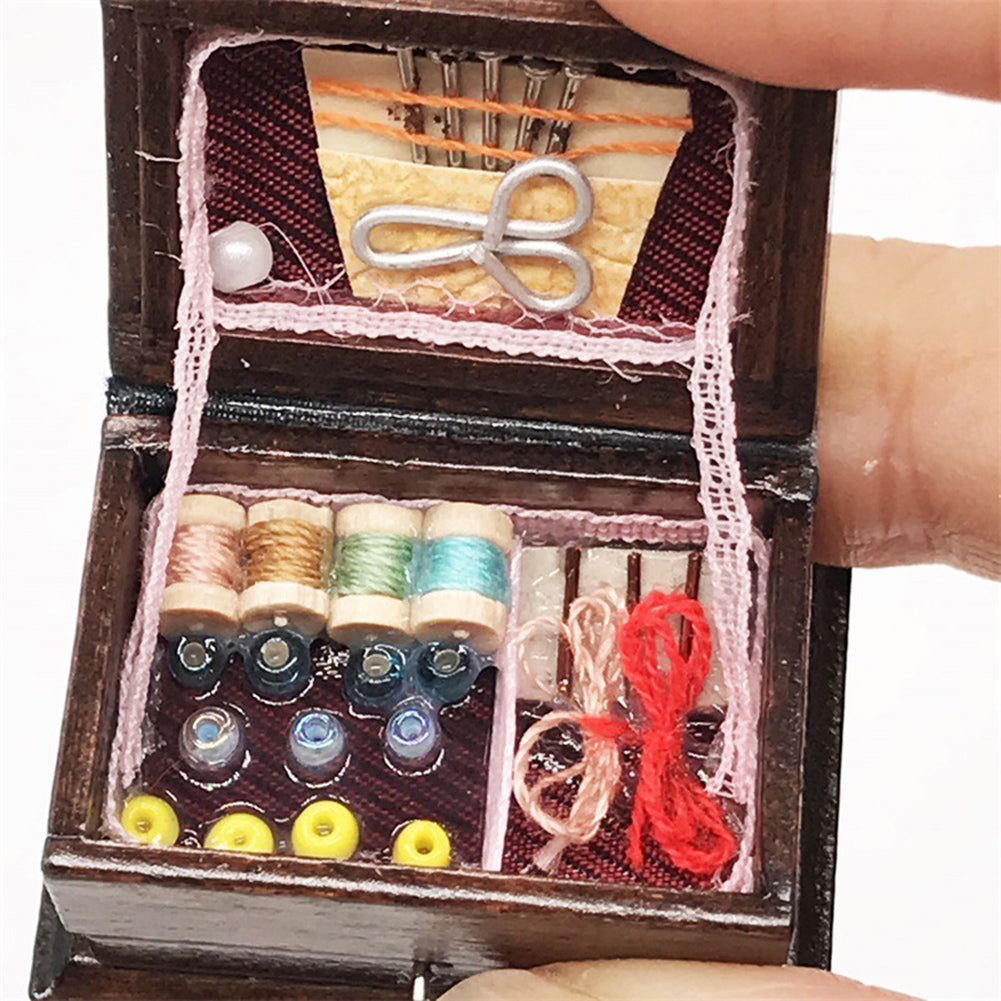 Miniature Chinese Wooden Sewing Kit Box Doll House Accessory Q19991