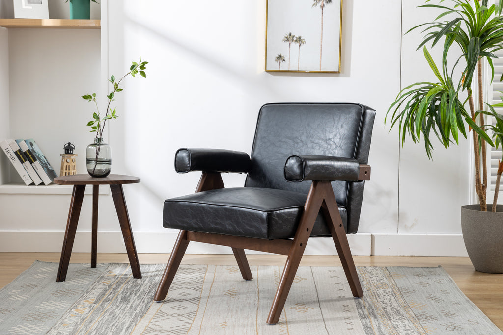 Black PU Leisure Chair with Solid Wood Armrest and Feet T574134