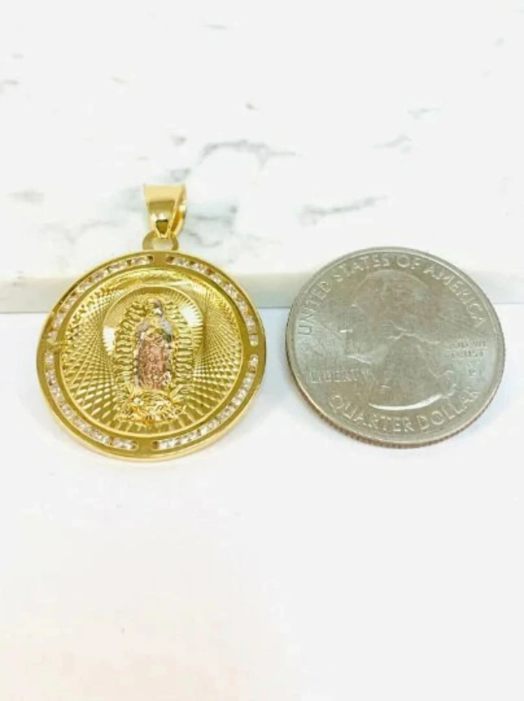 14K Gold Filled Tri Color Virgen de Guadalupe Necklace Figaro Chain N2030
