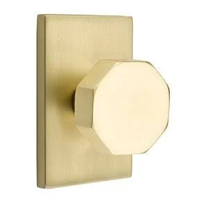 Satin Brass Double Dummy Octagon Door Knob with Modern Rectangular Rose B833039