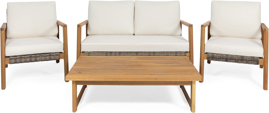 Outdoor 4 Seater Acacia Wood Chat Set with Wicker Accents W80404