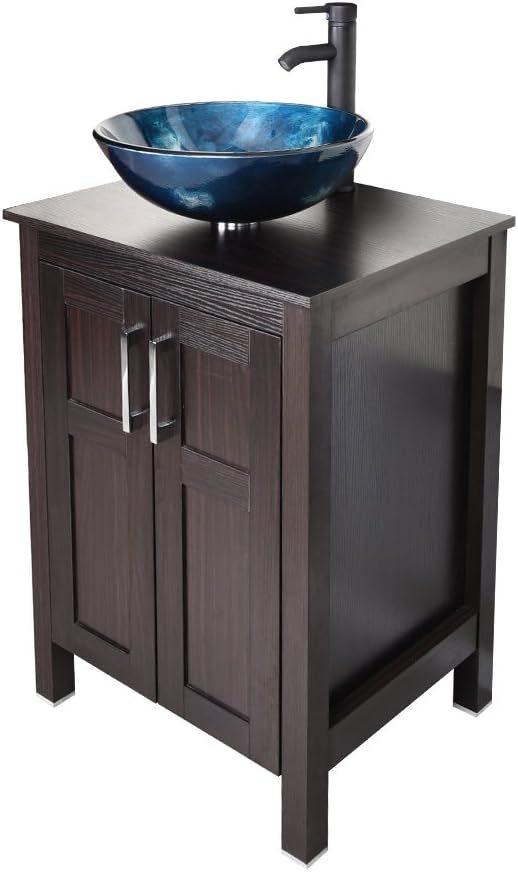 Dark Coffee 24 Inches Single Bathroom Vanity with 2-Door Cabinet and Tempered Glass Sink Top Y9583