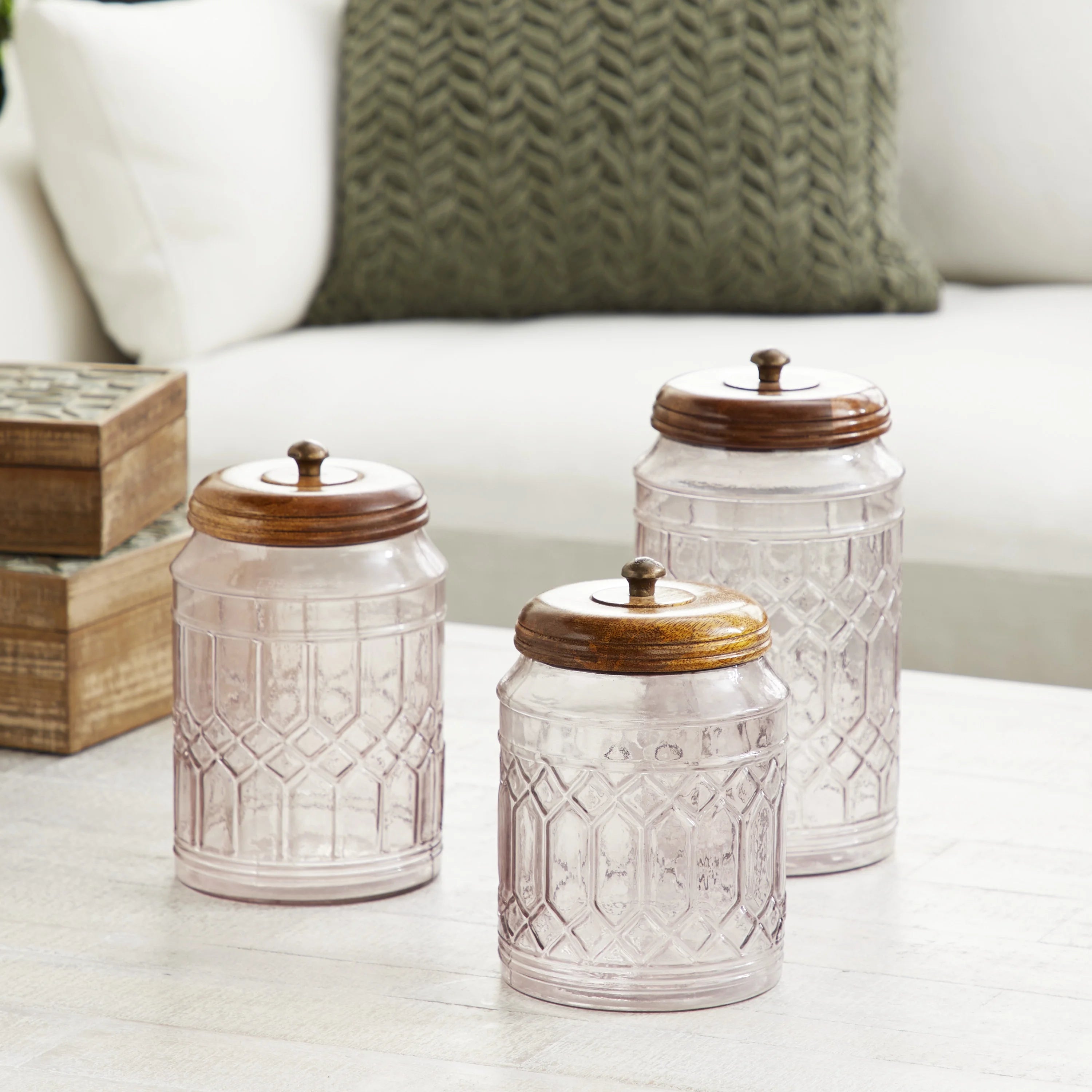 3-Pieces Clear Glass Decorative Jars with Wood Lids F4806