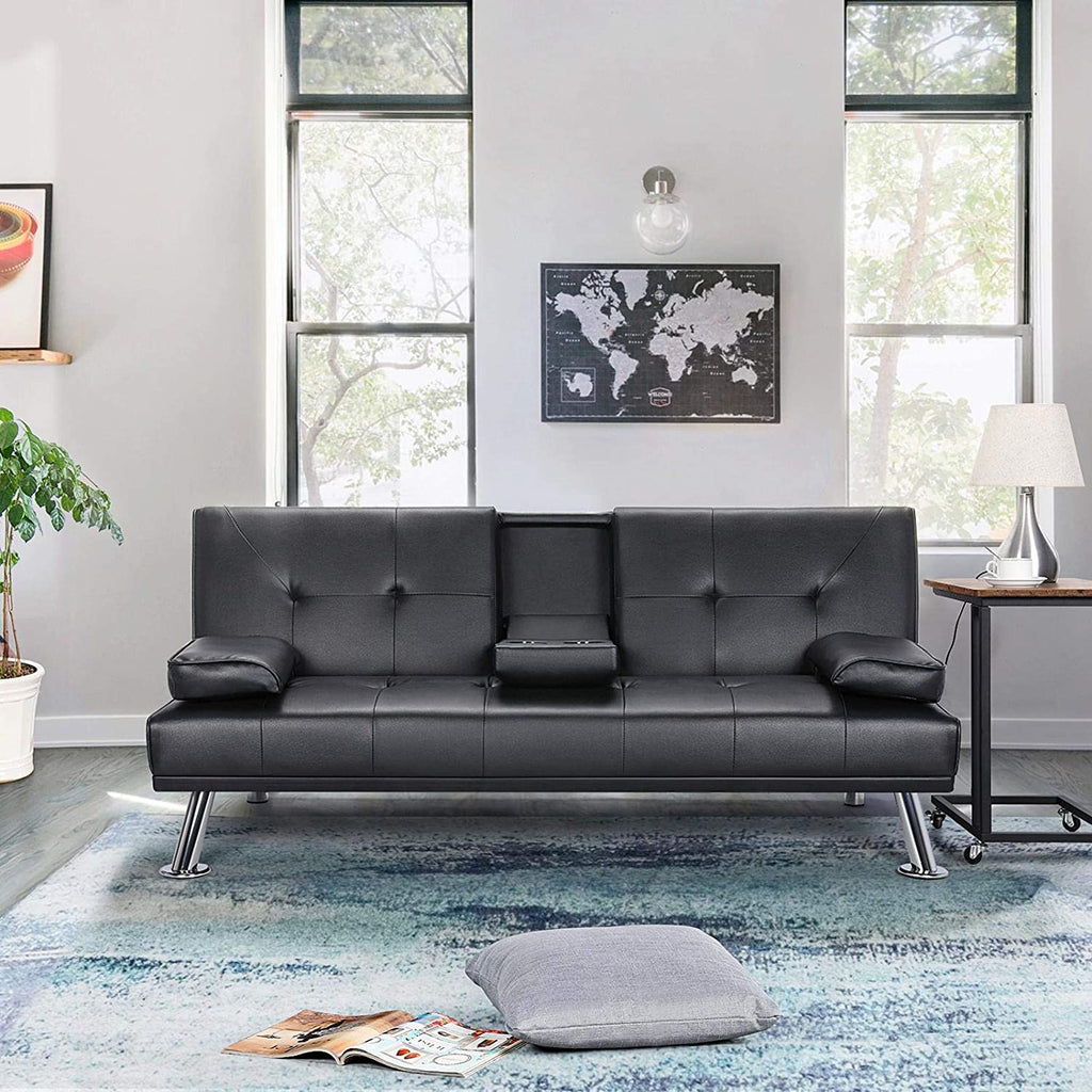 Black Faux Leather Convertible Futon Sofa Bed with Cup Holders T391